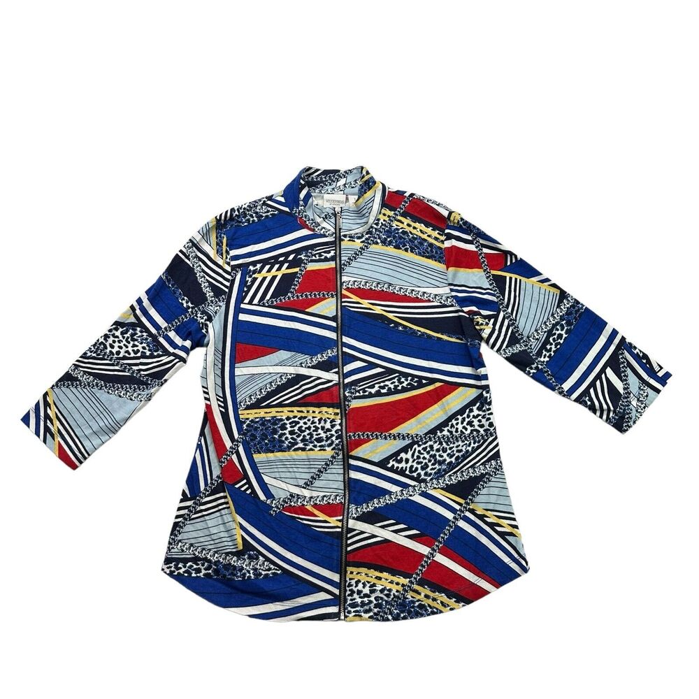CHICOS Shirt Womens 1 Medium M Weekends Blue Red Striped Full Zip 3/4 Sleeve